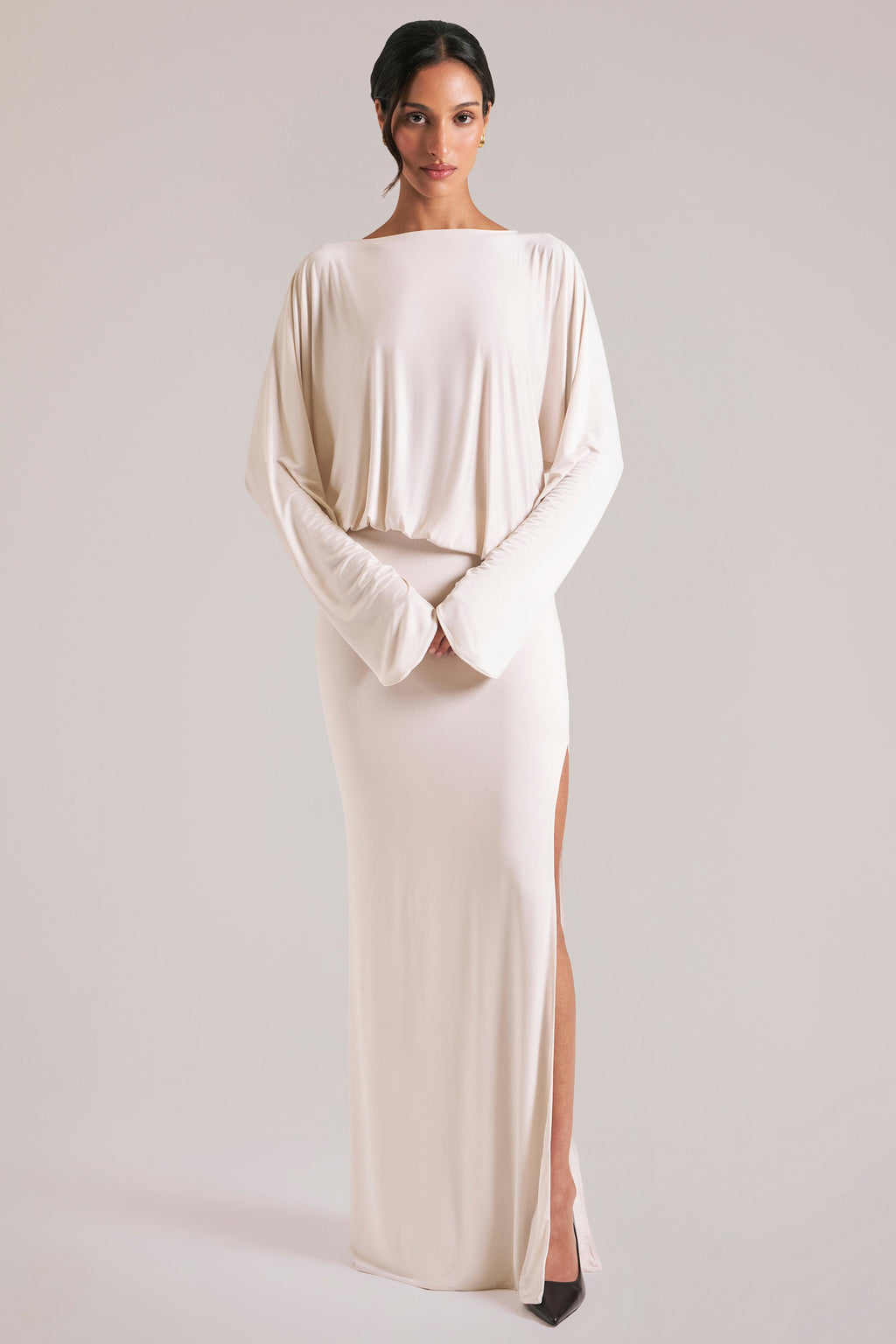 Chic Long-Sleeve Draped Maxi Dress in Vanilla