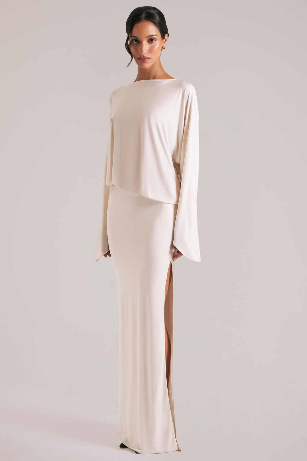 Chic Long-Sleeve Draped Maxi Dress in Vanilla