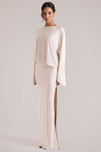 Chic Long-Sleeve Draped Maxi Dress in Vanilla