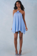 Chic Halterneck Babydoll Mini Dress in Blue Polka Dot Print