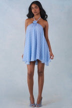 Chic Halterneck Babydoll Mini Dress in Blue Polka Dot Print