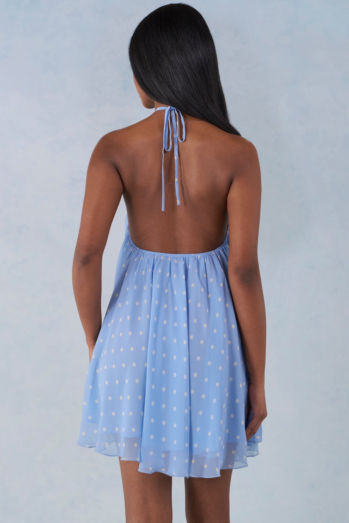 Chic Halterneck Babydoll Mini Dress in Blue Polka Dot Print