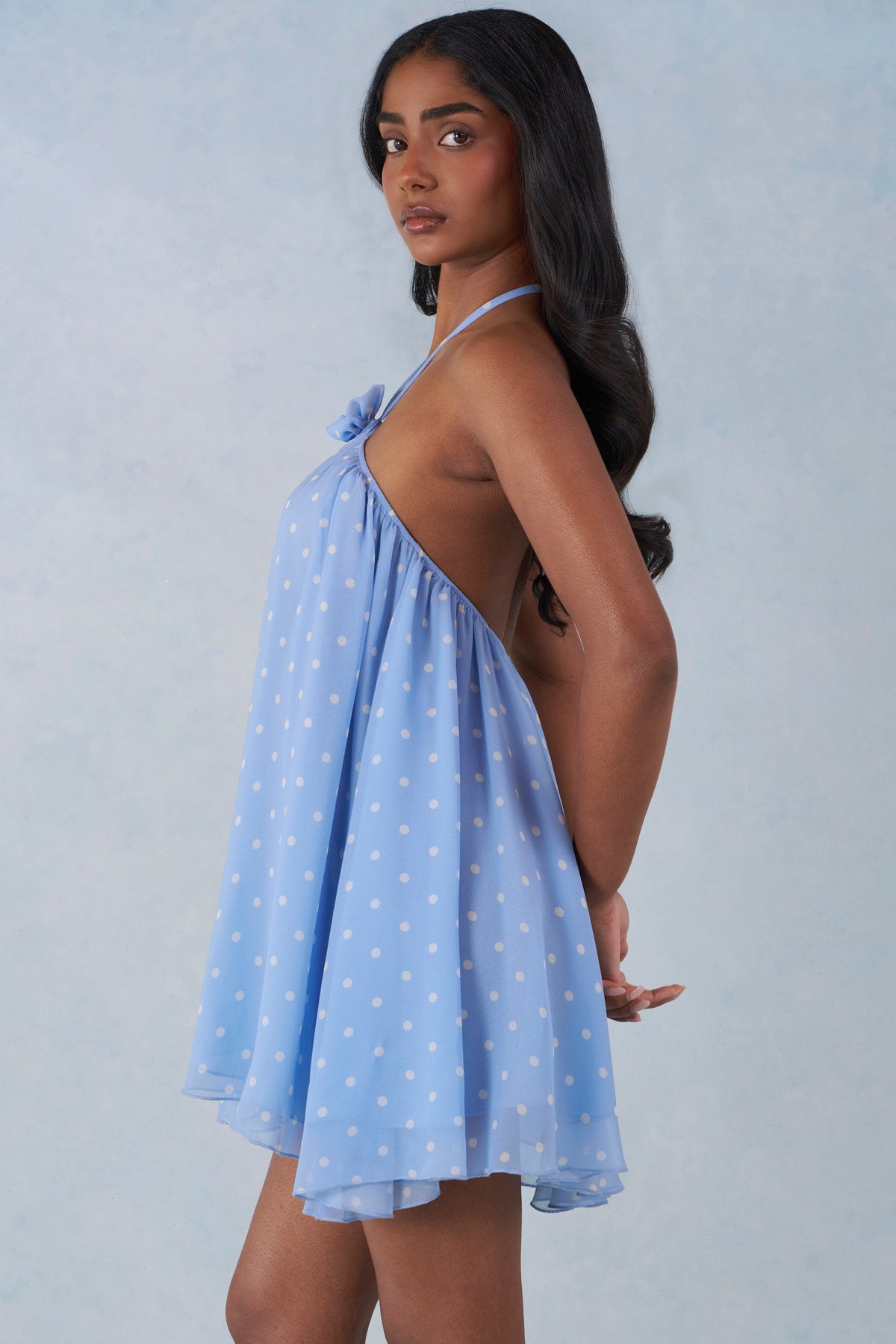 Chic Halterneck Babydoll Mini Dress in Blue Polka Dot Print