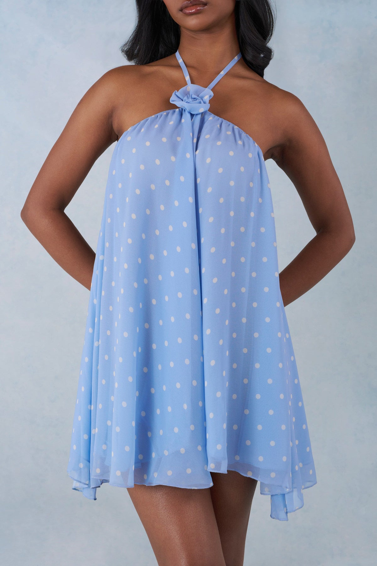 Chic Halterneck Babydoll Mini Dress in Blue Polka Dot Print