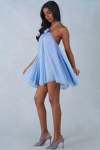 Chic Halterneck Babydoll Mini Dress in Blue Polka Dot Print