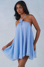 Chic Halterneck Babydoll Mini Dress in Blue Polka Dot Print