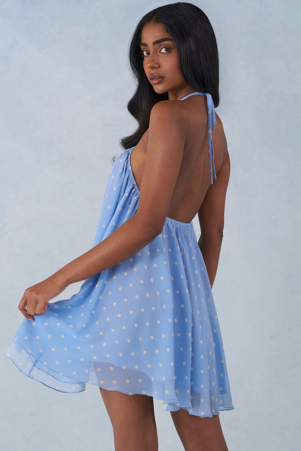 Chic Halterneck Babydoll Mini Dress in Blue Polka Dot Print