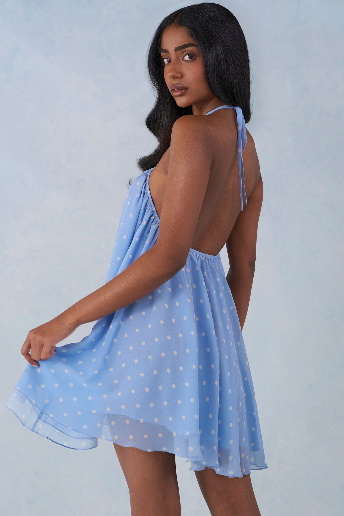 Chic Halterneck Babydoll Mini Dress in Blue Polka Dot Print