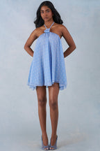 Chic Halterneck Babydoll Mini Dress in Blue Polka Dot Print