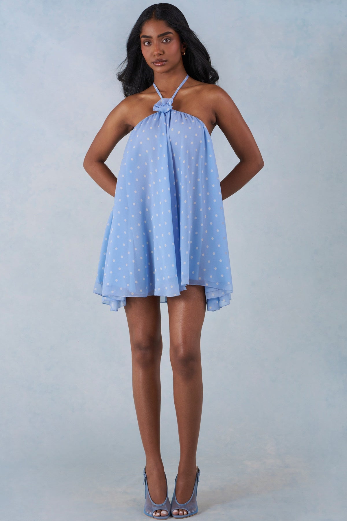 Chic Halterneck Babydoll Mini Dress in Blue Polka Dot Print