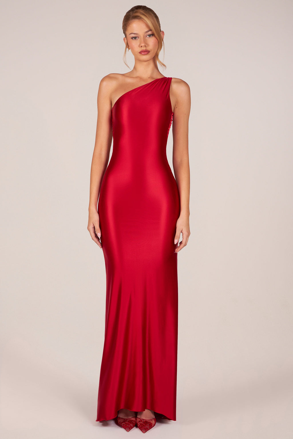 Chic Asymmetric Tie-Back Gown in Cherry