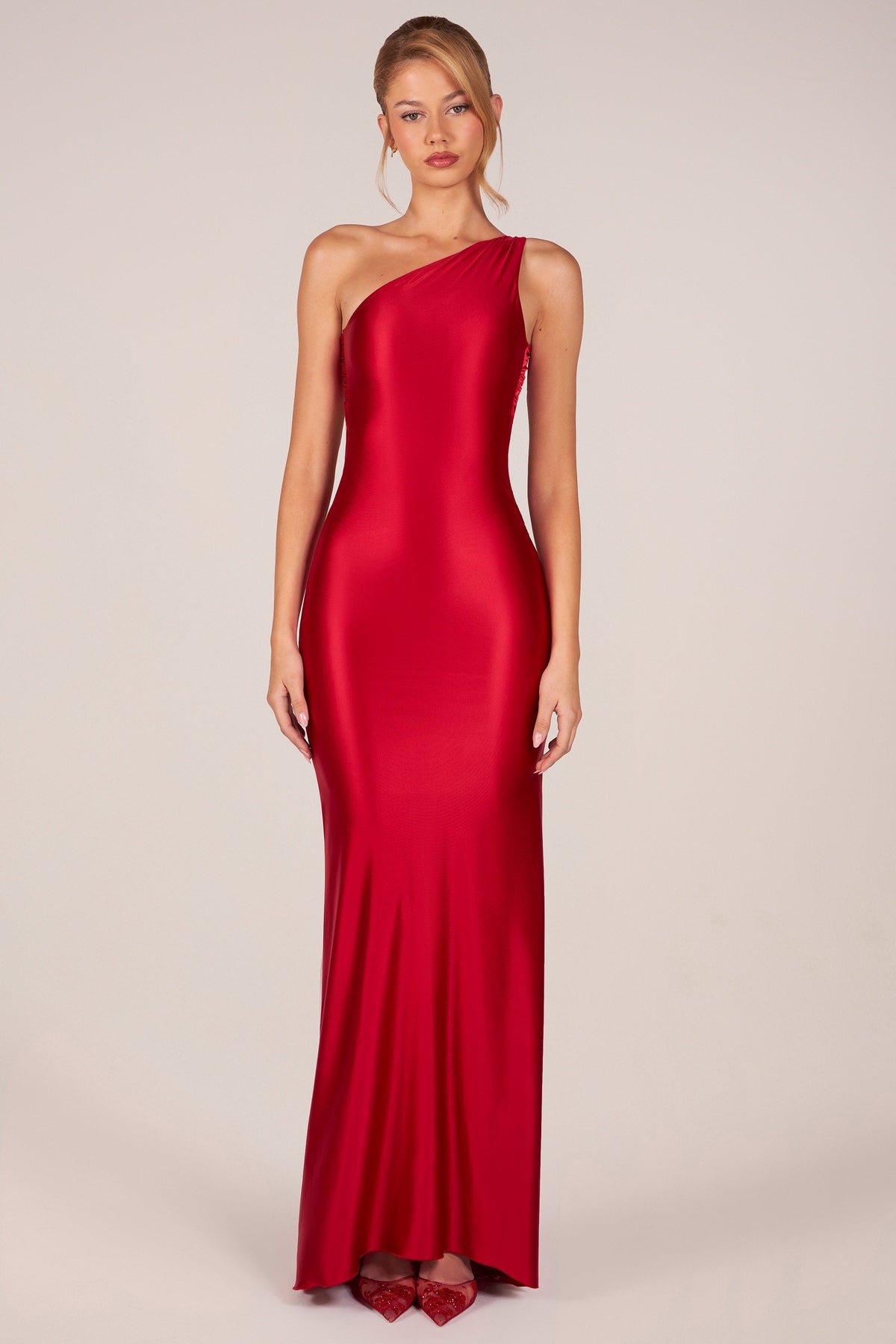 Chic Asymmetric Tie-Back Gown in Cherry