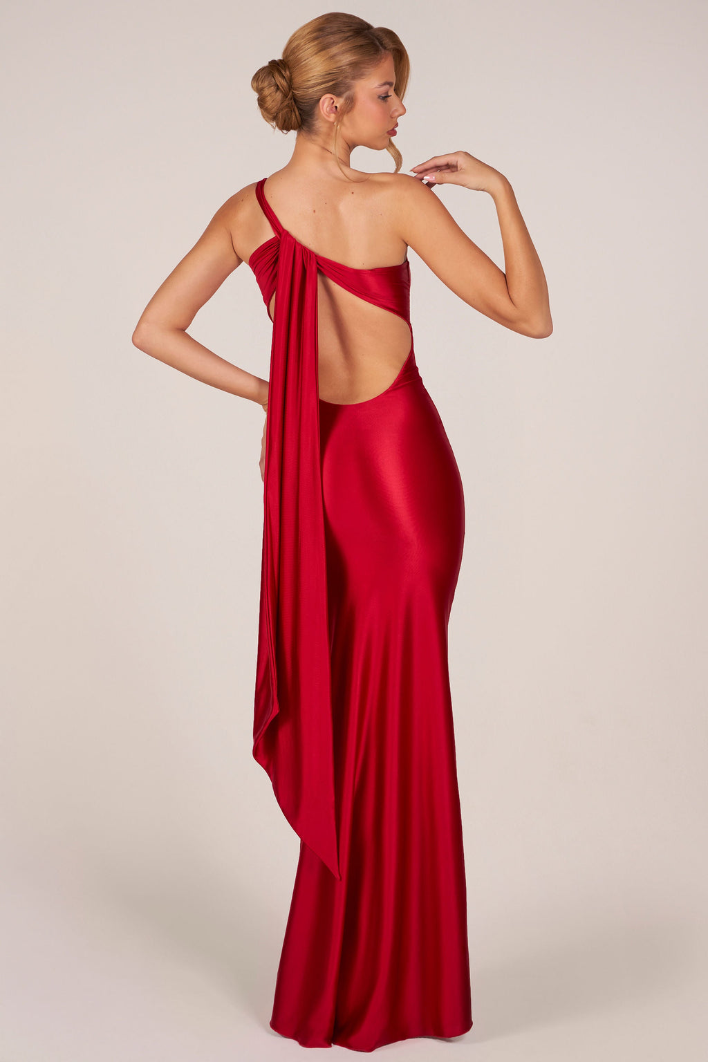 Chic Asymmetric Tie-Back Gown in Cherry
