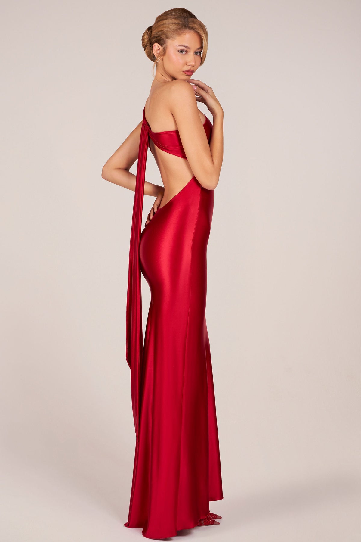 Chic Asymmetric Tie-Back Gown in Cherry