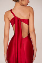 Chic Asymmetric Tie-Back Gown in Cherry