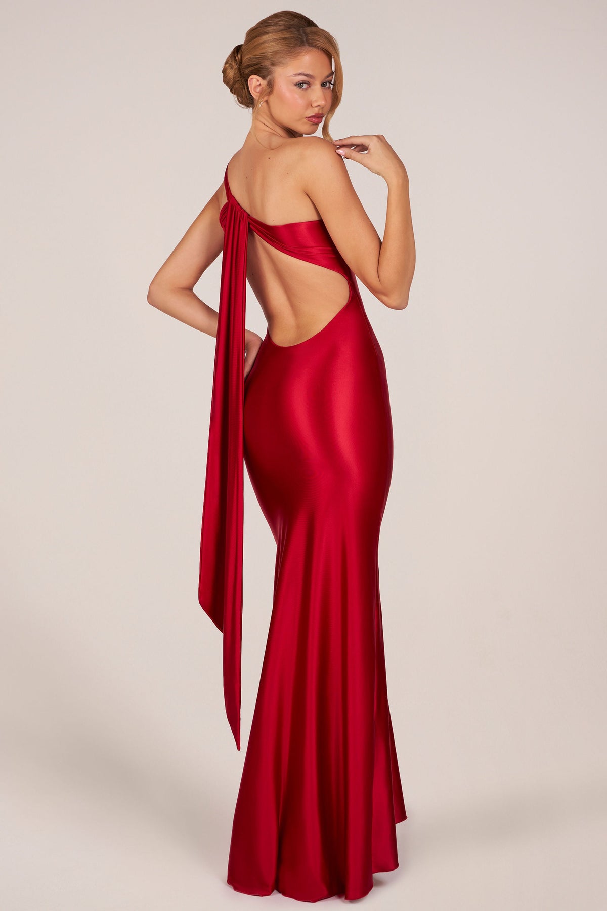 Chic Asymmetric Tie-Back Gown in Cherry
