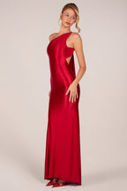 Chic Asymmetric Tie-Back Gown in Cherry