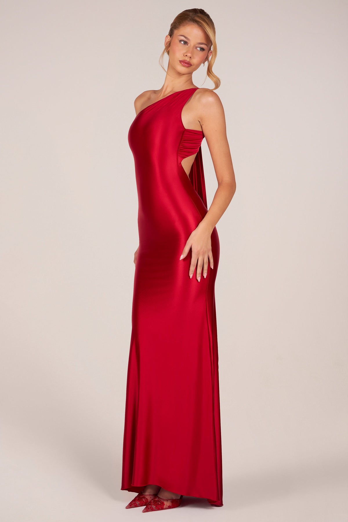 Chic Asymmetric Tie-Back Gown in Cherry