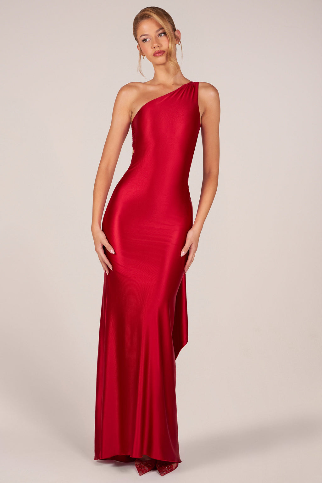 Chic Asymmetric Tie-Back Gown in Cherry