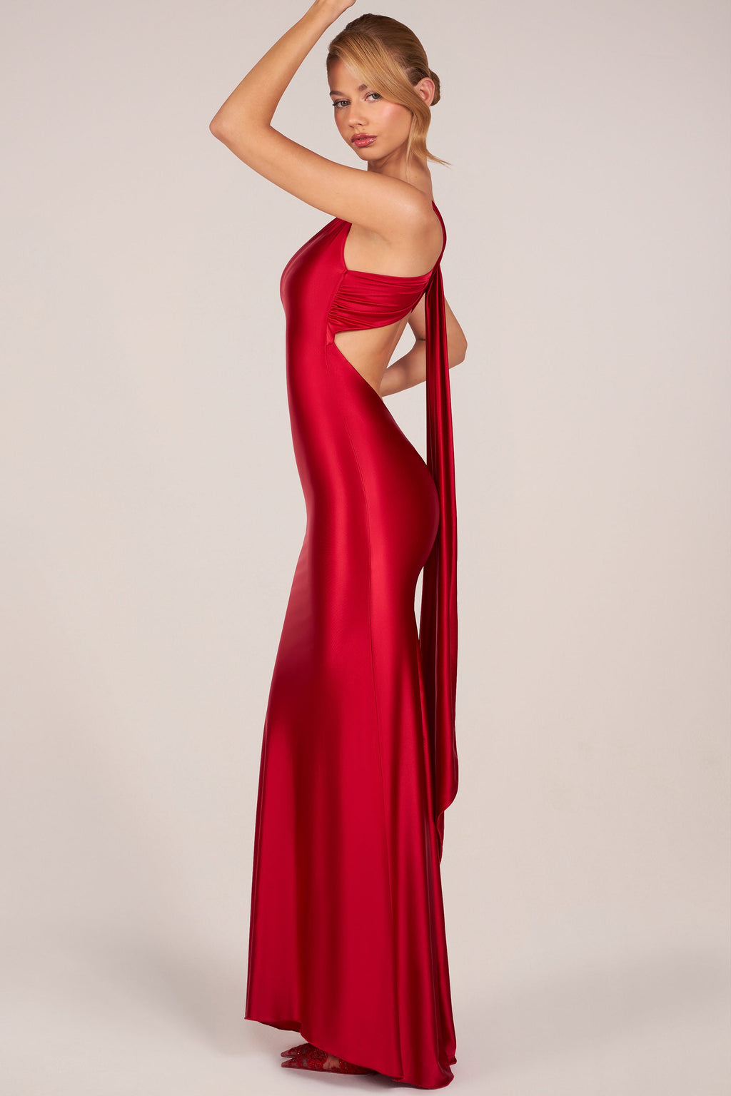 Chic Asymmetric Tie-Back Gown in Cherry