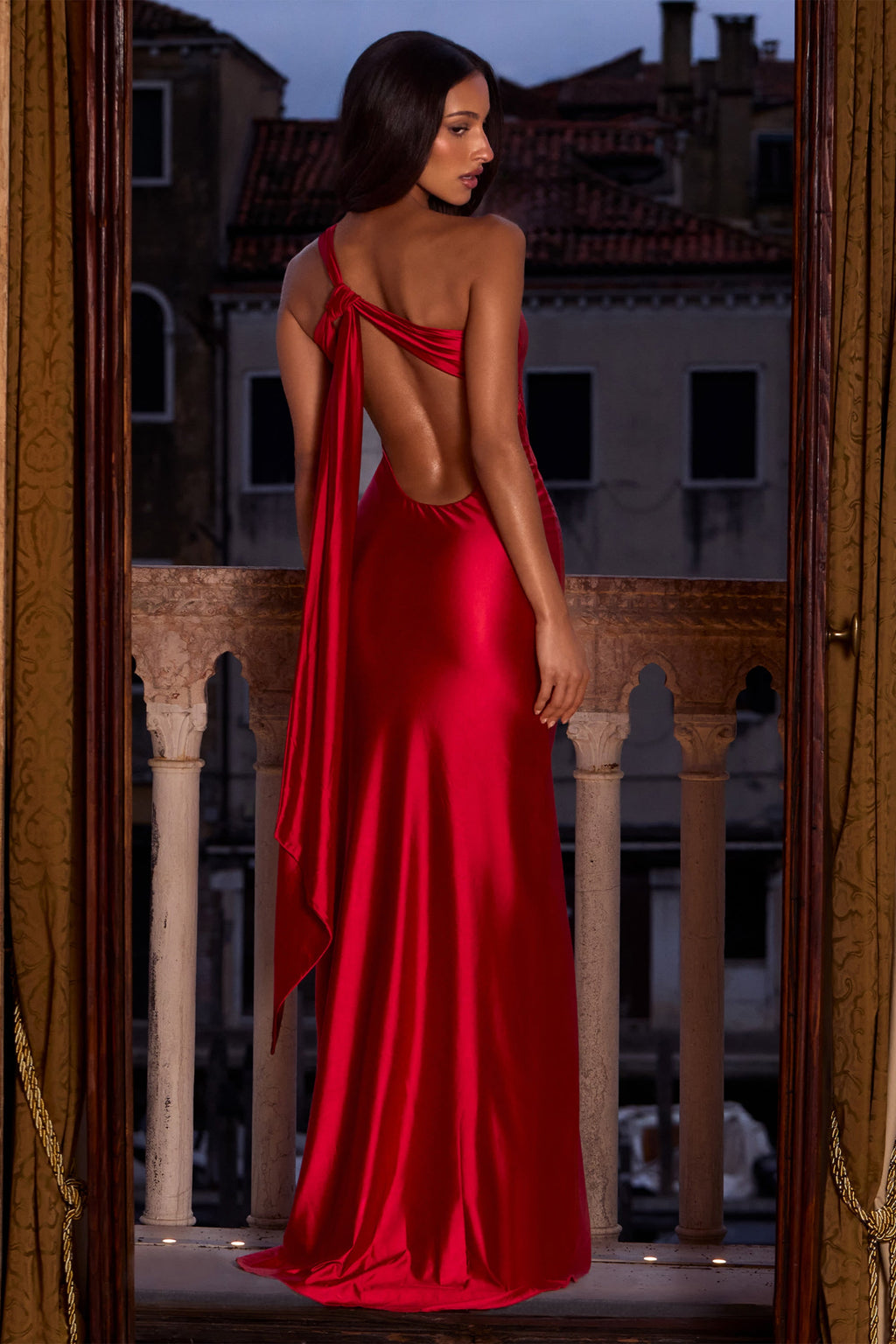Chic Asymmetric Tie-Back Gown in Cherry