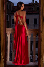 Chic Asymmetric Tie-Back Gown in Cherry