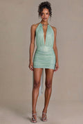 Chic Embellished Open-Back Mini Dress in Sage Green