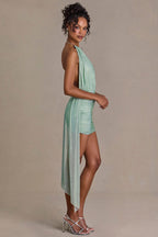 Chic Embellished Open-Back Mini Dress in Sage Green