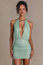 Chic Embellished Open-Back Mini Dress in Sage Green