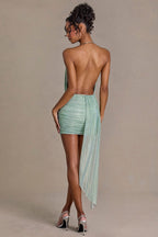 Chic Embellished Open-Back Mini Dress in Sage Green
