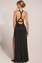 Chic Cowl-Neck Thigh-High Gown in Black