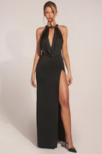 Chic Cowl-Neck Thigh-High Gown in Black