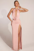 Chic Cowl-Neck Thigh-High Gown in Blush Pink