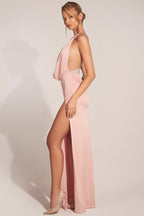 Chic Cowl-Neck Thigh-High Gown in Blush Pink
