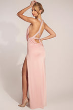Chic Cowl-Neck Thigh-High Gown in Blush Pink