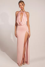 Chic Cowl-Neck Thigh-High Gown in Blush Pink