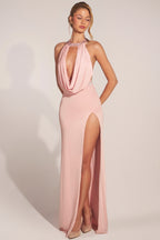 Chic Cowl-Neck Thigh-High Gown in Blush Pink
