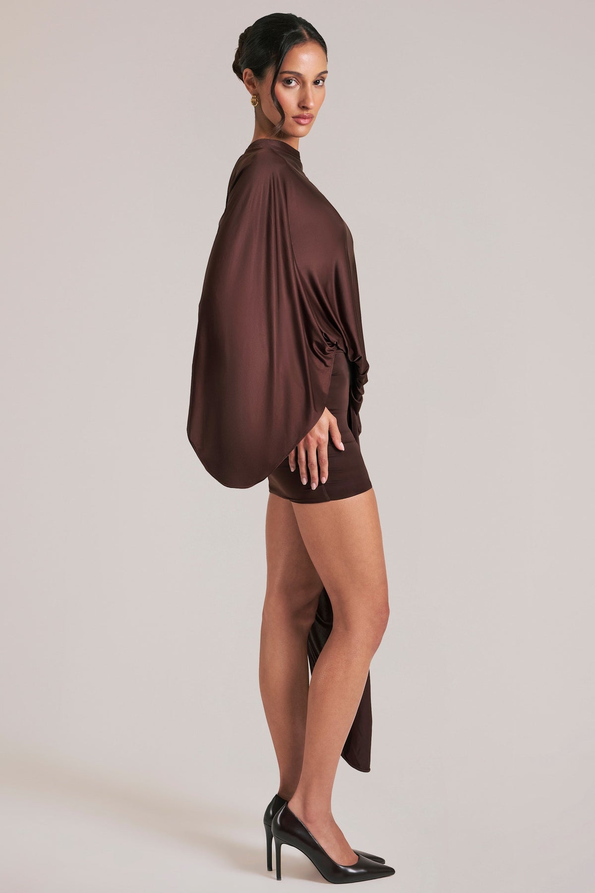 Chic Draped Cape Mini Dress in Chocolate Brown