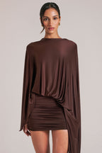 Chic Draped Cape Mini Dress in Chocolate Brown