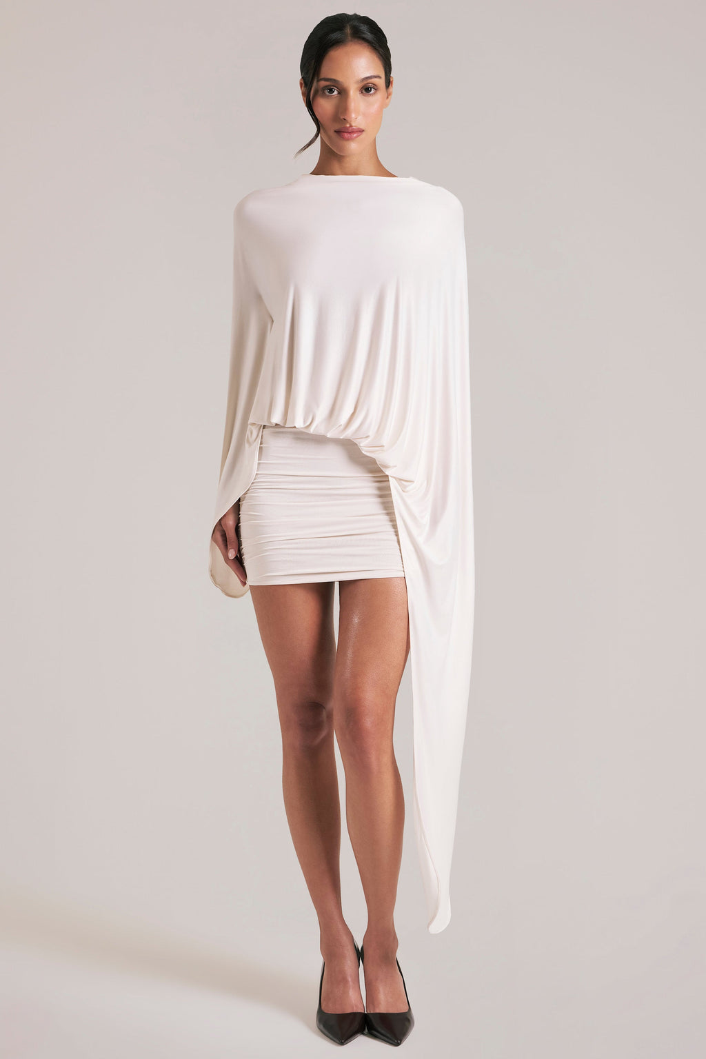 Chic Draped Cape Mini Dress in Vanilla
