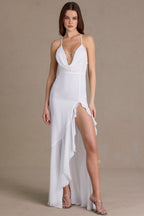 Chic Chiffon Cowl-Neck Open-Back Gown in Snow