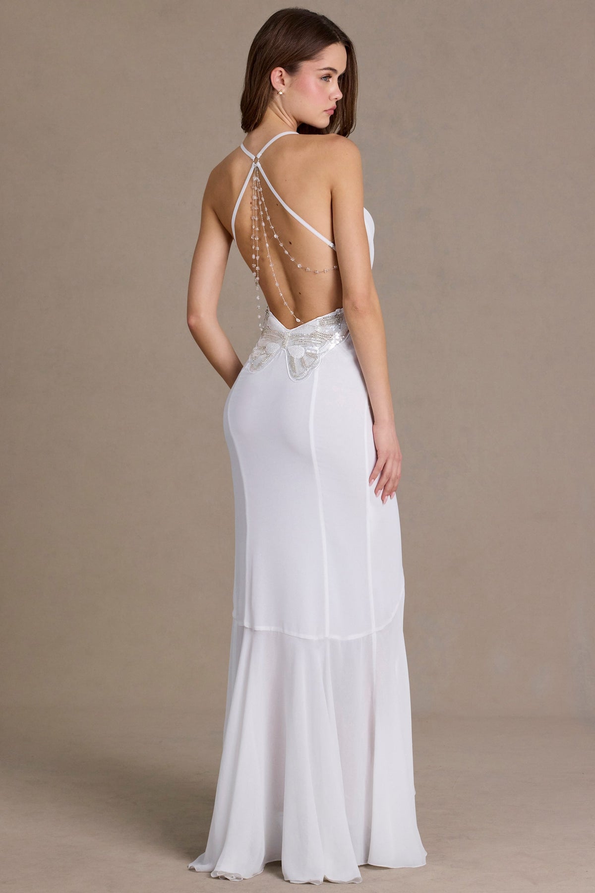 Chic Chiffon Cowl-Neck Open-Back Gown in Snow
