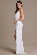 Chic Chiffon Cowl-Neck Open-Back Gown in Snow