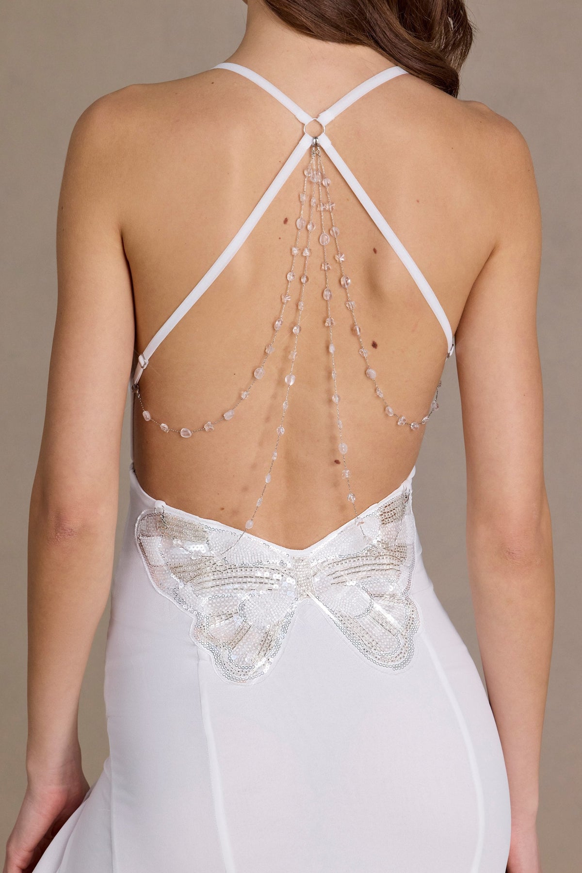 Chic Chiffon Cowl-Neck Open-Back Gown in Snow