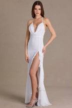 Chic Chiffon Cowl-Neck Open-Back Gown in Snow