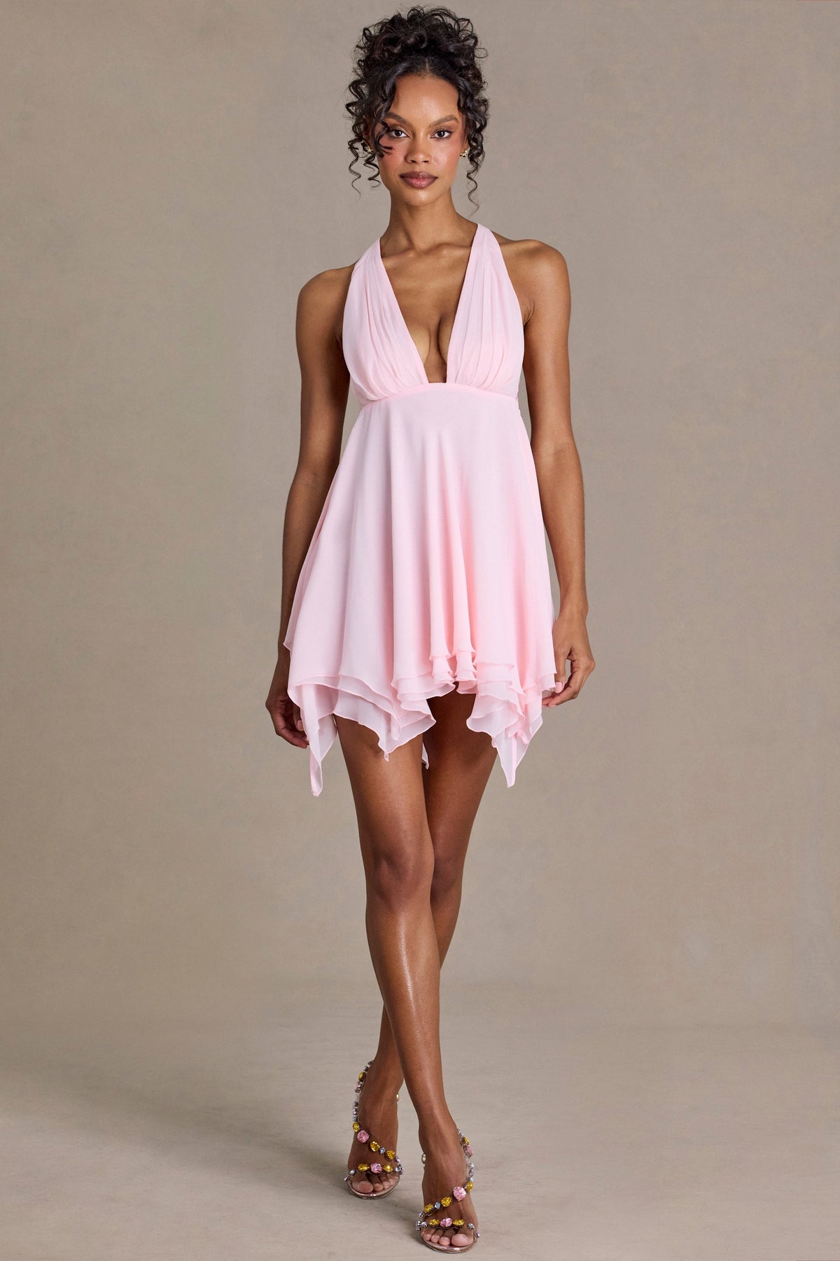 Chic Chiffon Plunge-Neck Open-Back Mini Dress in Blossom
