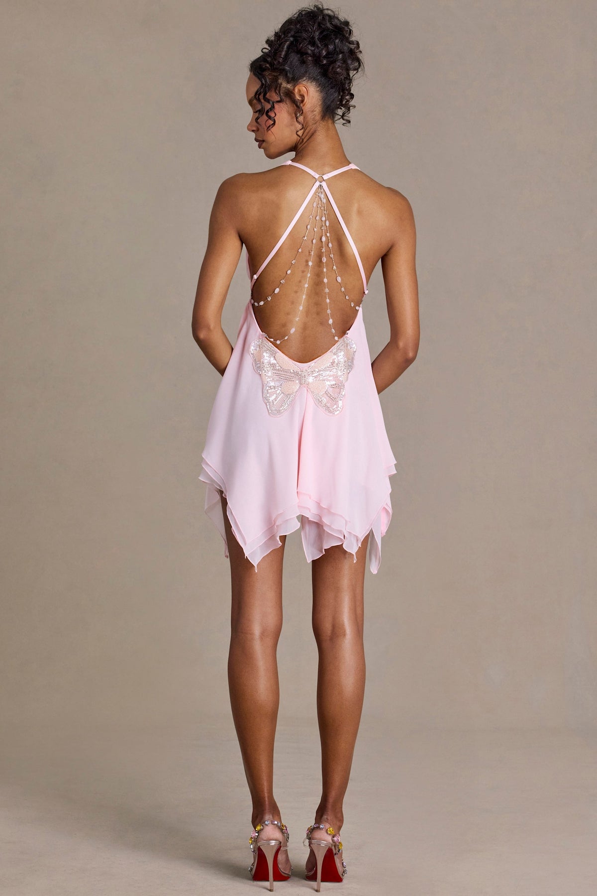 Chic Chiffon Plunge-Neck Open-Back Mini Dress in Blossom