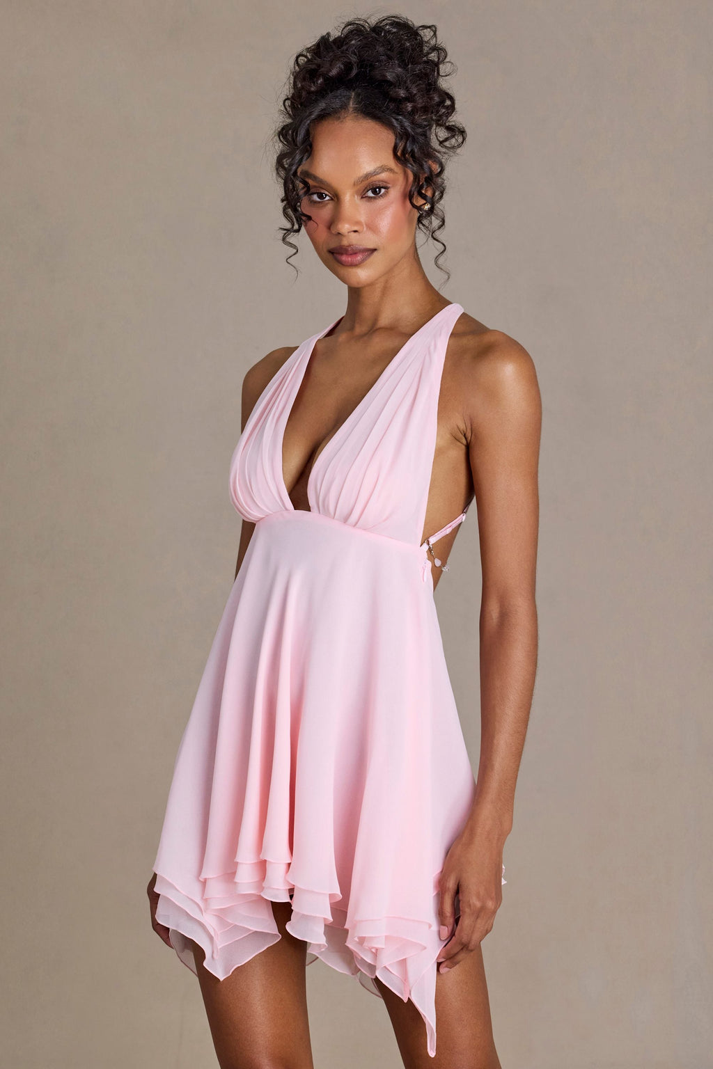 Chic Chiffon Plunge-Neck Open-Back Mini Dress in Blossom