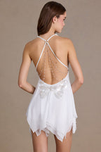 Chic Chiffon Plunge-Neck Open-Back Mini Dress in Snow