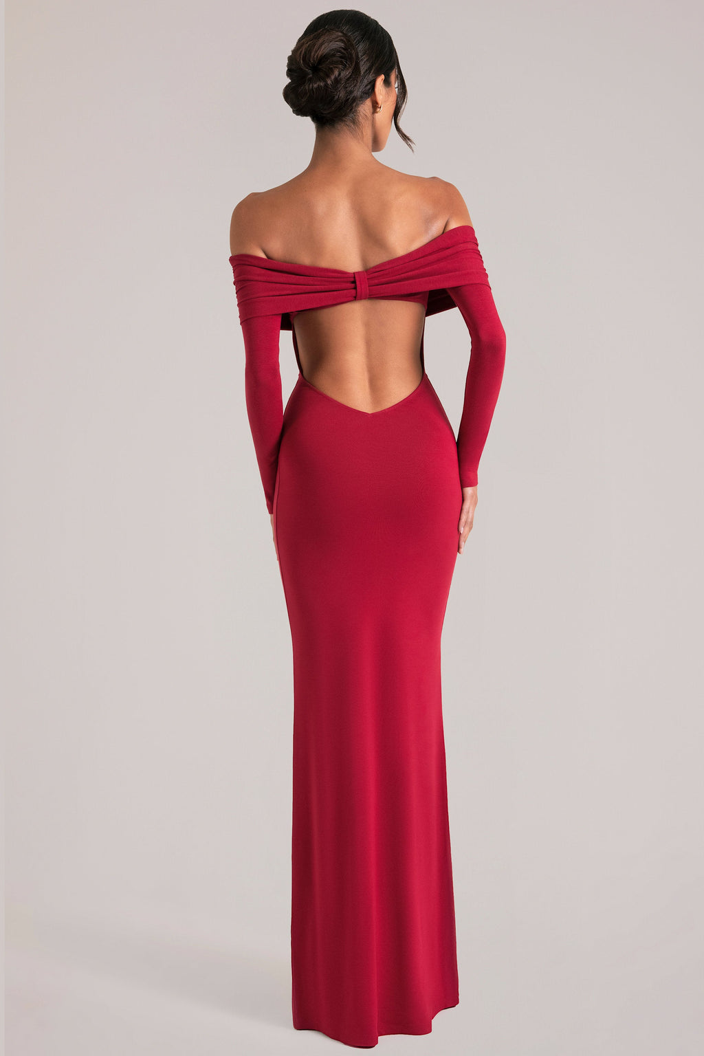Chic Off-Shoulder Long-Sleeve Maxi Dress in Cherry Red